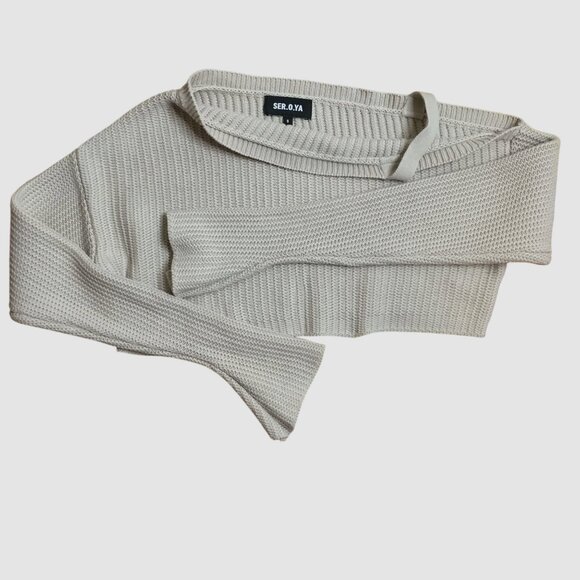 SER.O.YA Agnes One Shoulder Cropped Sweater S Tan Bell Sleeve Sexy Minimal Knit - Picture 1 of 9